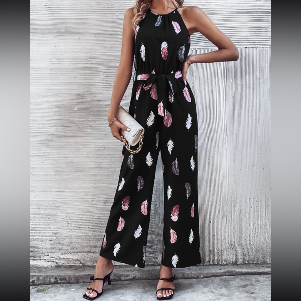 Boho Feather Print Halter Jumpsuit